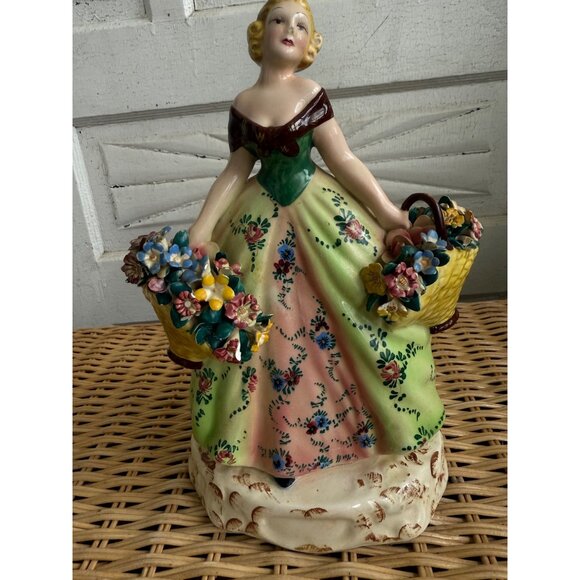Vintage 50's Italy Art Pottery Victorian Woman With Baskets Of Flowers - Picture 14 of 16
